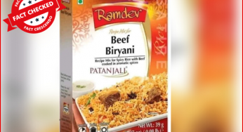 पाकिस्तानी कंपनी के बीफ बिरयानी मसाले के बॉक्स को पतंजलि के नाम से जोड़कर फैलाया जा रहा है।